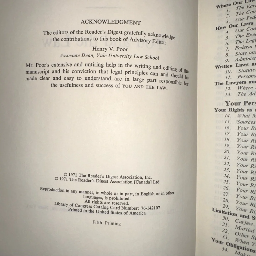 You and the Law” Legal Reference Book – Reader’s Digest, 1971 Fifth Printing